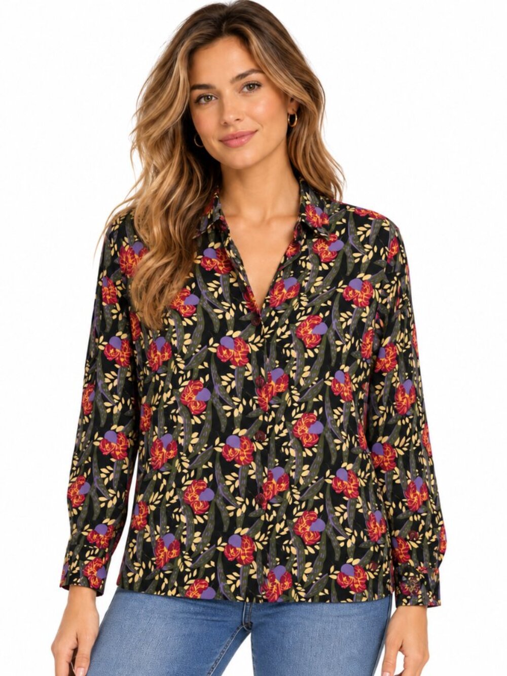 Vintage‎ Flax By Jeanne Engelhart Button-Up Blouse 6 Red Floral LS Artsy 90s